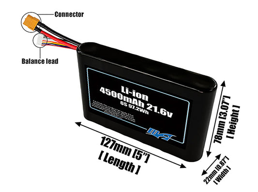 Size reference photo of the 4500mAh 21.6V Li-ion pack showing 127 mm by 22 mm by 78 mm dimensions ideal for drones or small robotic systems where space matters.