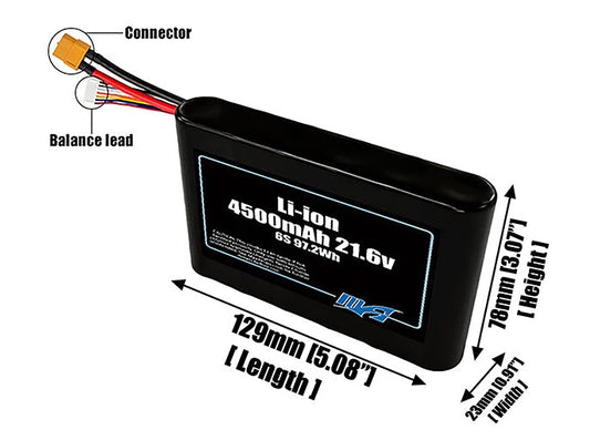 Size reference photo of the 4500mAh 21.6V Li-ion pack showing 129 mm by 23 mm by 78 mm dimensions ideal for drones or small robotic systems where space matters.
