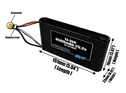 Size reference photo of the 4500mAh 25.2V Li-ion pack showing 151 mm by 23 mm by 78 mm dimensions ideal for drones or small robotic systems where space matters.