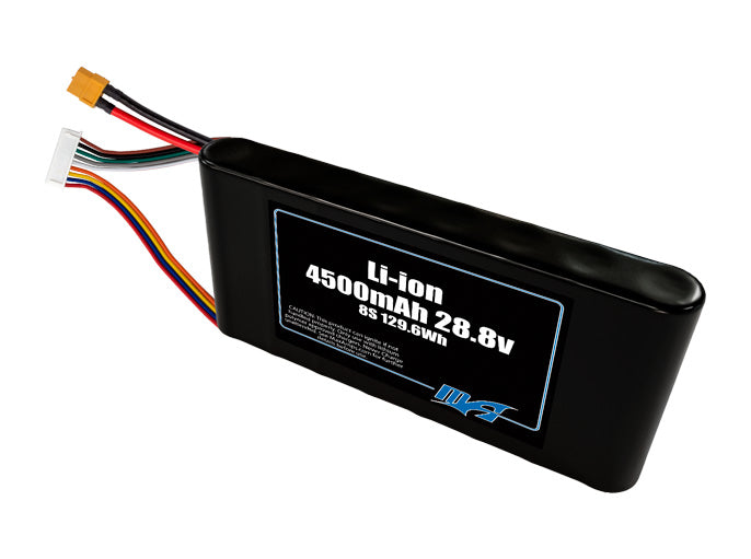Compact 28.8-volt 4500mAh lithium-ion battery, built for lightweight drone, UAV, and robotics projects.