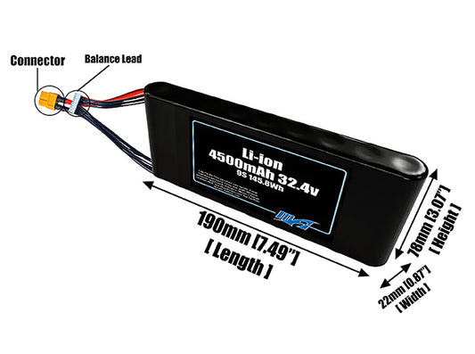 Size reference photo of the 4500mAh 32.4V Li-ion pack showing 190 mm by 22 mm by 78 mm dimensions ideal for drones or small robotic systems where space matters.