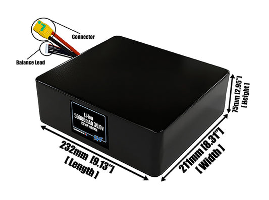 Size reference photo of the 50000mAh 39.6V lithium ion pack showing 232 mm by 211 mm by 75 mm dimensions ideal for drones or large robotic systems where space matters.