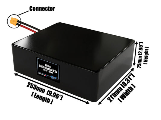 Size reference photo of the 50000mAh 43.2V lithium ion pack showing 253 mm by 211 mm by 75 mm dimensions ideal for drones or large robotic systems where space matters.