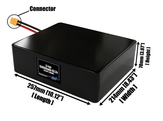 Size reference photo of the 50000mAh 43.2V lithium ion pack showing 257 mm by 214 mm by 78 mm dimensions ideal for drones or large robotic systems where space matters.