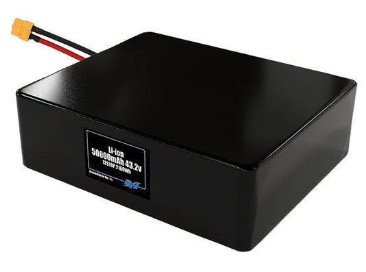 Compact 43.2-volt 50000mAh lithium-ion battery, built for lightweight drone, UAV, and robotics projects.