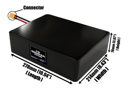 Size reference photo of the 50000mAh 46.8V lithium ion pack showing 278 mm by 214 mm by 78 mm dimensions ideal for drones or large robotic systems where space matters.