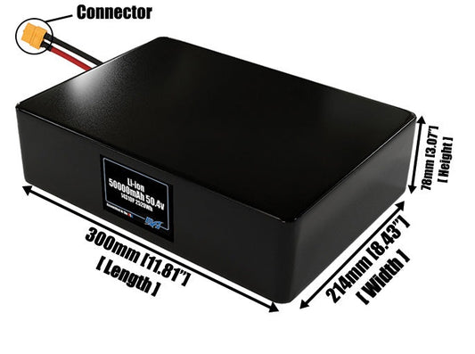 Size reference photo of the 50000mAh 50.4V lithium ion pack showing 300 mm by 214 mm by 78 mm dimensions ideal for drones or large robotic systems where space matters.