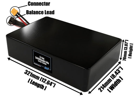 Size reference photo of the 50000mAh 54V lithium ion pack showing 321 mm by 214 mm by 78 mm dimensions ideal for drones or large robotic systems where space matters.