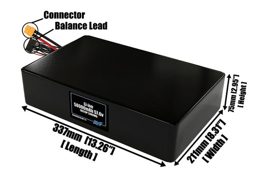 Size reference photo of the 50000mAh 57.6V lithium ion pack showing 337 mm by 211 mm by 75 mm dimensions ideal for drones or large robotic systems where space matters.