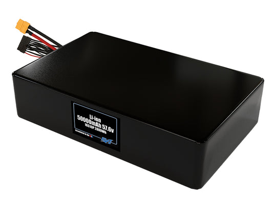 Compact 57.6-volt 50000mAh lithium-ion battery, built for lightweight drone, UAV, and robotics projects.