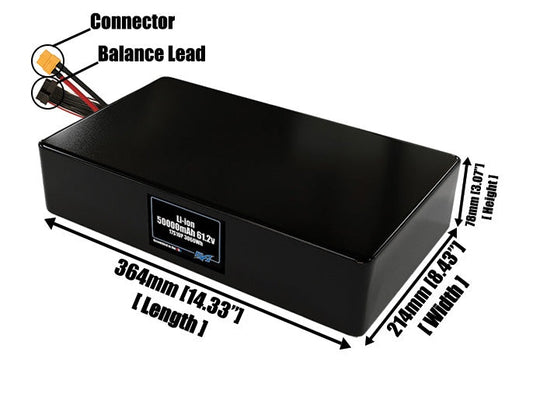 Size reference photo of the 50000mAh 61.2V lithium ion pack showing 364 mm by 214 mm by 78 mm dimensions ideal for drones or large robotic systems where space matters.