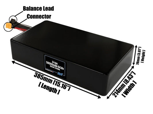 Size reference photo of the 50000mAh 64.8V lithium ion pack showing 385 mm by 214 mm by 78 mm dimensions ideal for drones or large robotic systems where space matters.