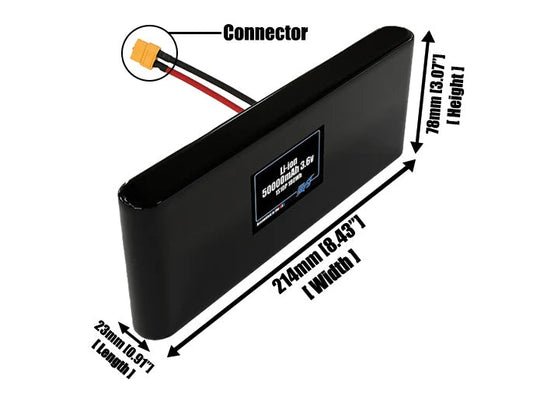 Size reference photo of the 50000mAh 3.6V lithium ion pack showing 23 mm by 214 mm by 78 mm dimensions ideal for drones or large robotic systems where space matters.