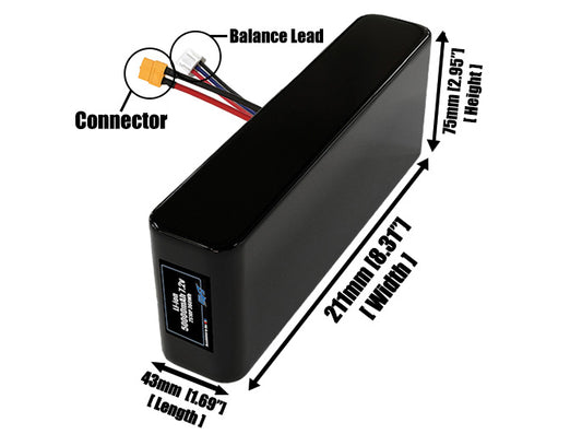 Size reference photo of the 50000mAh 7.2V lithium ion pack showing 43 mm by 211 mm by 75 mm dimensions ideal for drones or large robotic systems where space matters.
