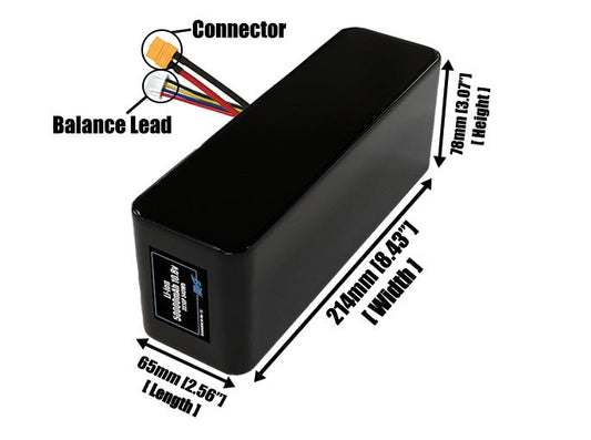 Size reference photo of the 50000mAh 10.8V lithium ion pack showing 65 mm by 214 mm by 78 mm dimensions ideal for drones or large robotic systems where space matters.