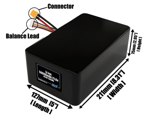 Size reference photo of the 50000mAh 21.6V lithium ion pack showing 127 mm by 211 mm by 75 mm dimensions ideal for drones or large robotic systems where space matters.