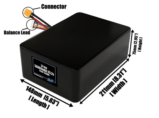 Size reference photo of the 50000mAh 3.6V lithium ion pack showing 148 mm by 211 mm by 75 mm dimensions ideal for drones or large robotic systems where space matters.
