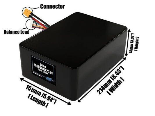 Size reference photo of the 50000mAh 25.2V lithium ion pack showing 151 mm by 214 mm by 78 mm dimensions ideal for drones or large robotic systems where space matters.