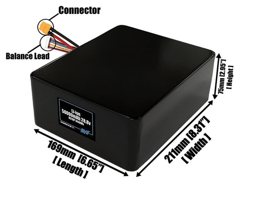 Size reference photo of the 50000mAh 28.8V lithium ion pack showing 169 mm by 211 mm by 75 mm dimensions ideal for drones or large robotic systems where space matters.