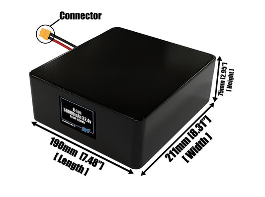 Size reference photo of the 50000mAh 32.4V lithium ion pack showing 190 mm by 211 mm by 75 mm dimensions ideal for drones or large robotic systems where space matters.