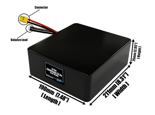 Size reference photo of the 50000mAh 32.4V lithium ion pack showing 190 mm by 211 mm by 75 mm dimensions ideal for drones or large robotic systems where space matters.