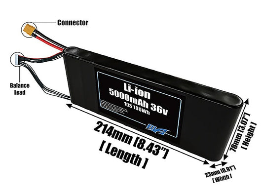 Size reference photo of the 5000mAh 36V Li-ion pack showing 214 mm by 23 mm by 78 mm dimensions ideal for drones or small robotic systems where space matters.