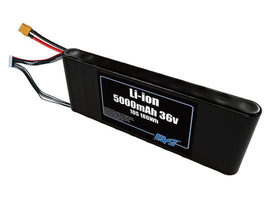 Compact 36-volt 5000mAh lithium-ion battery, built for lightweight drone, UAV, and robotics projects.