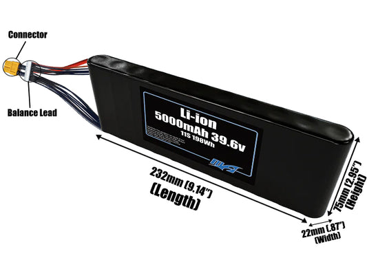 Size reference photo of the 5000mAh 39.6V Li-ion pack showing 232 mm by 22 mm by 75 mm dimensions ideal for drones or small robotic systems where space matters.