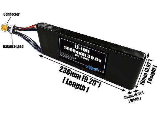 Size reference photo of the 5000mAh 39.6V Li-ion pack showing 236 mm by 23 mm by 78 mm dimensions ideal for drones or small robotic systems where space matters.