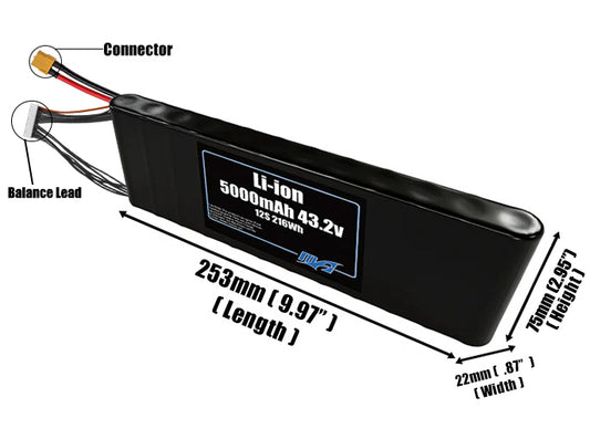 Size reference photo of the 5000mAh 43.2V Li-ion pack showing 253 mm by 22 mm by 75 mm dimensions ideal for drones or small robotic systems where space matters.