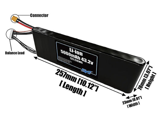 Size reference photo of the 5000mAh 43.2V Li-ion pack showing 257 mm by 23 mm by 78 mm dimensions ideal for drones or small robotic systems where space matters.