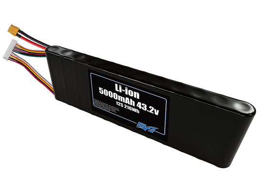 Compact 43.2-volt 5000mAh lithium-ion battery, built for lightweight drone, UAV, and robotics projects.
