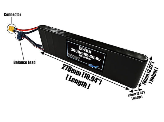 Size reference photo of the 5000mAh 46.8V Li-ion pack showing 278 mm by 23 mm by 78 mm dimensions ideal for drones or small robotic systems where space matters.