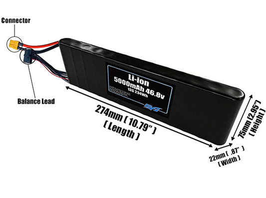 Size reference photo of the 5000mAh 46.8V Li-ion pack showing 274 mm by 22 mm by 75 mm dimensions ideal for drones or small robotic systems where space matters.