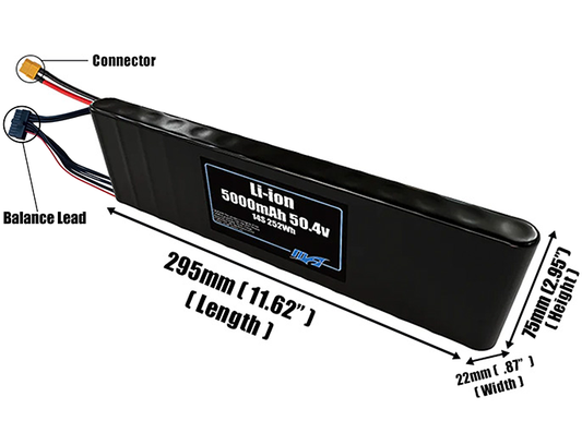 Size reference photo of the 5000mAh 50.4V Li-ion pack showing 295 mm by 22 mm by 75 mm dimensions ideal for drones or small robotic systems where space matters.