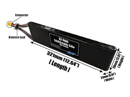 Size reference photo of the 5000mAh 54V Li-ion pack showing 321 mm by 23 mm by 78 mm dimensions ideal for drones or small robotic systems where space matters.