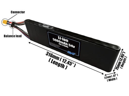 Size reference photo of the 5000mAh 54V Li-ion pack showing 316 mm by 22 mm by 75 mm dimensions ideal for drones or small robotic systems where space matters.