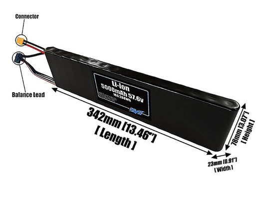 Size reference photo of the 5000mAh 57.6V Li-ion pack showing 342 mm by 23 mm by 78 mm dimensions ideal for drones or small robotic systems where space matters.