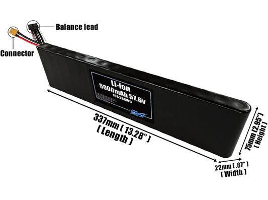 Size reference photo of the 5000mAh 57.6V Li-ion pack showing 337 mm by 22 mm by 75 mm dimensions ideal for drones or small robotic systems where space matters.