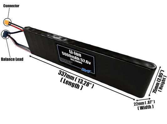 Size reference photo of the 5000mAh 57.6V Li-ion pack showing 337 mm by 22 mm by 75 mm dimensions ideal for drones or small robotic systems where space matters.