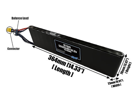 Size reference photo of the 5000mAh 61.2V Li-ion pack showing 364 mm by 23 mm by 78 mm dimensions ideal for drones or small robotic systems where space matters.
