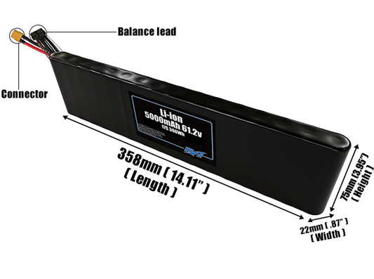 Size reference photo of the 5000mAh 61.2V Li-ion pack showing 358 mm by 22 mm by 75 mm dimensions ideal for drones or small robotic systems where space matters.