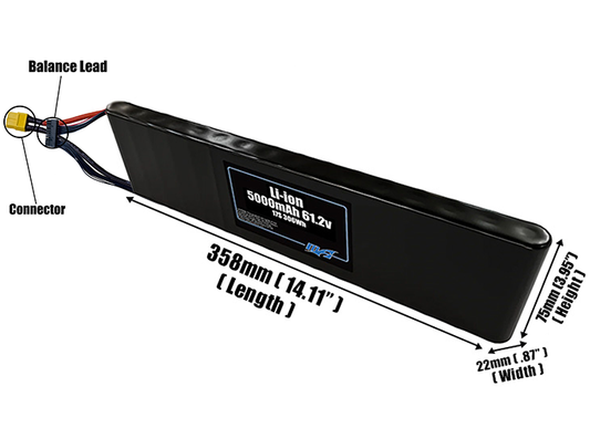 Size reference photo of the 5000mAh 61.2V Li-ion pack showing 358 mm by 22 mm by 75 mm dimensions ideal for drones or small robotic systems where space matters.