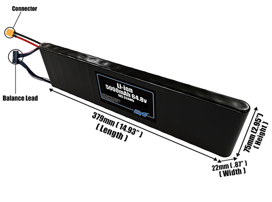 Size reference photo of the 5000mAh 64.8V Li-ion pack showing 379 mm by 22 mm by 75 mm dimensions ideal for drones or small robotic systems where space matters.