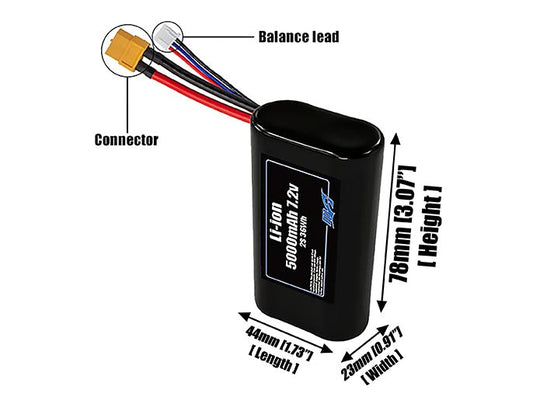 Size reference photo of the 5000mAh 7.2V Li-ion pack showing 44 mm by 23 mm by 78 mm dimensions ideal for drones or small robotic systems where space matters.