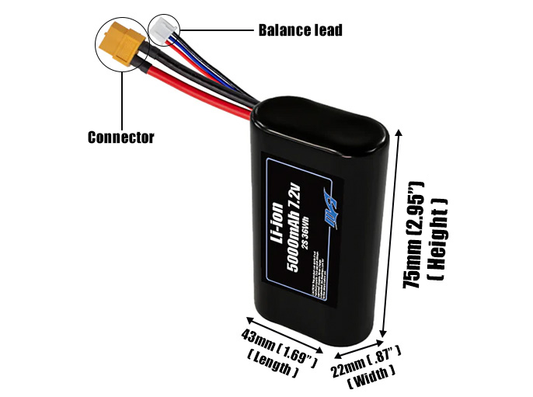 Size reference photo of the 5000mAh 7.2V Li-ion pack showing 43 mm by 22 mm by 75 mm dimensions ideal for drones or small robotic systems where space matters.