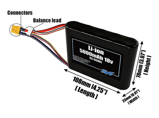 Size reference photo of the 5000mAh 18V Li-ion pack showing 108 mm by 23 mm by 78 mm dimensions ideal for drones or small robotic systems where space matters.