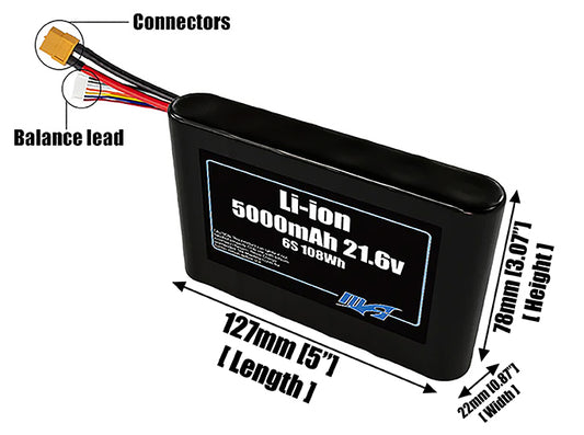 Size reference photo of the 5000mAh 21.6V Li-ion pack showing 127 mm by 22 mm by 78 mm dimensions ideal for drones or small robotic systems where space matters.