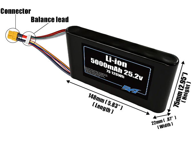 Size reference photo of the 5000mAh 25.2V Li-ion pack showing 148 mm by 22 mm by 75 mm dimensions ideal for drones or small robotic systems where space matters.