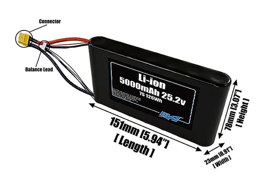 Size reference photo of the 5000mAh 25.2V Li-ion pack showing 151 mm by 23 mm by 78 mm dimensions ideal for drones or small robotic systems where space matters.